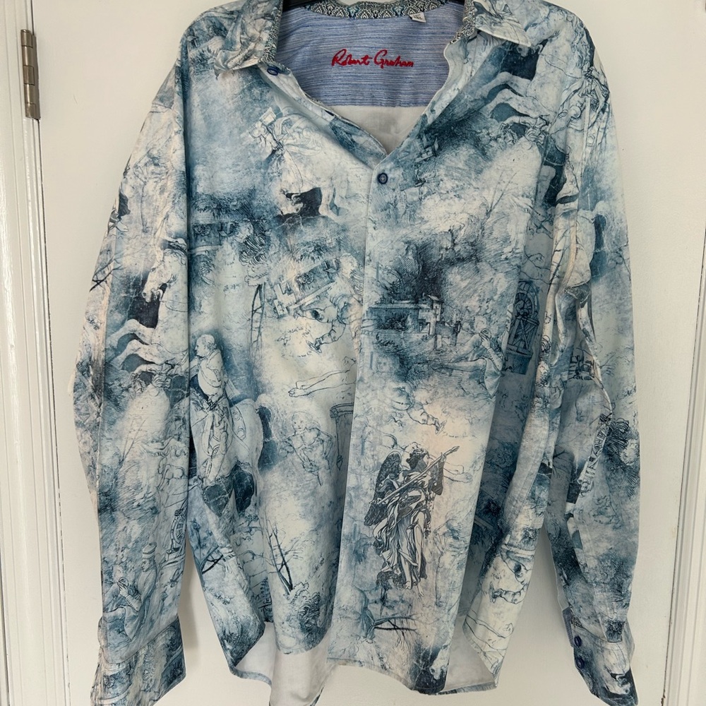 Robert Graham Blue and White Illustrated Long-Sleeve Button Shirt